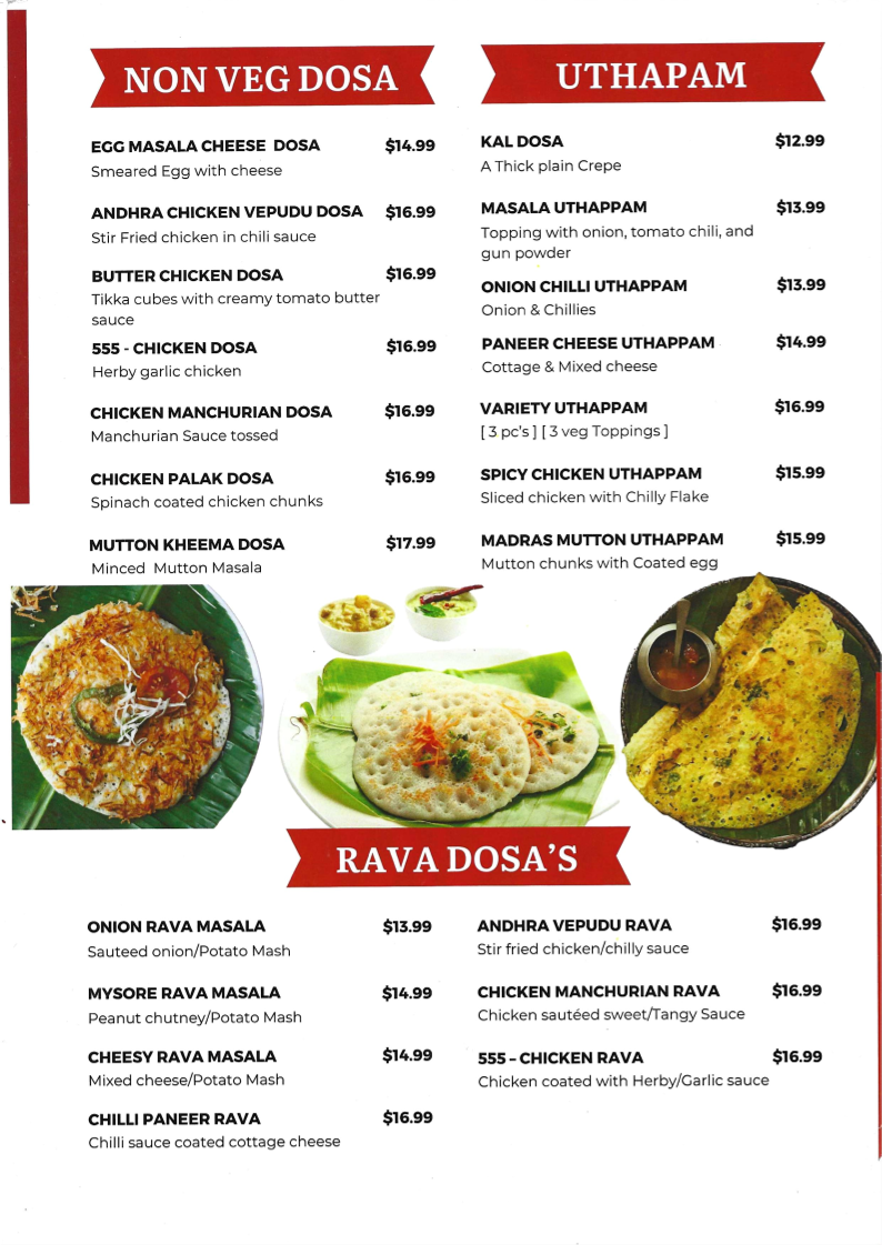Menu, Madras Cafe