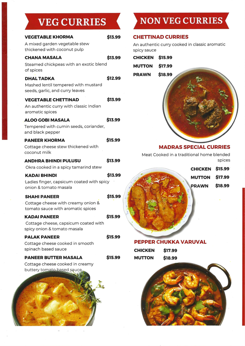 Menu, Madras Cafe