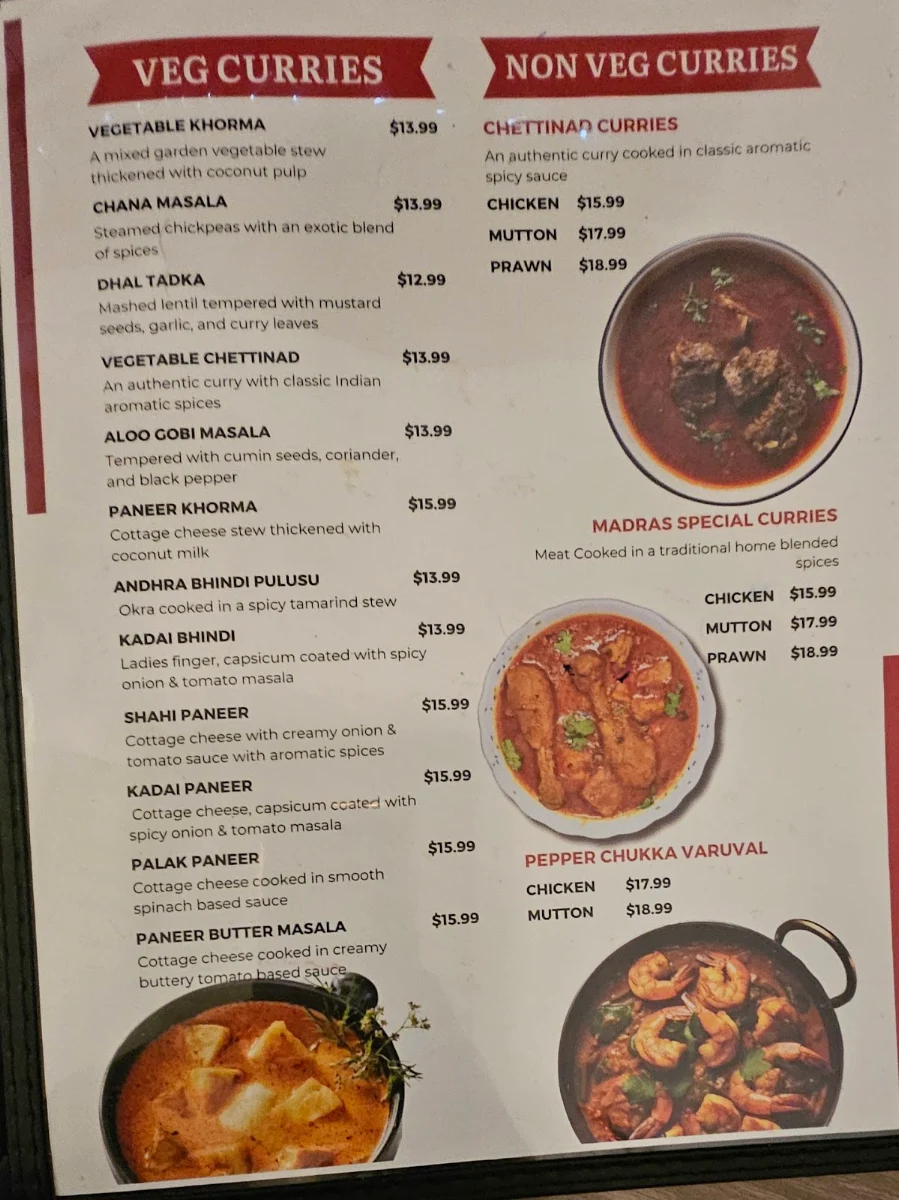 Menu, Madras Cafe