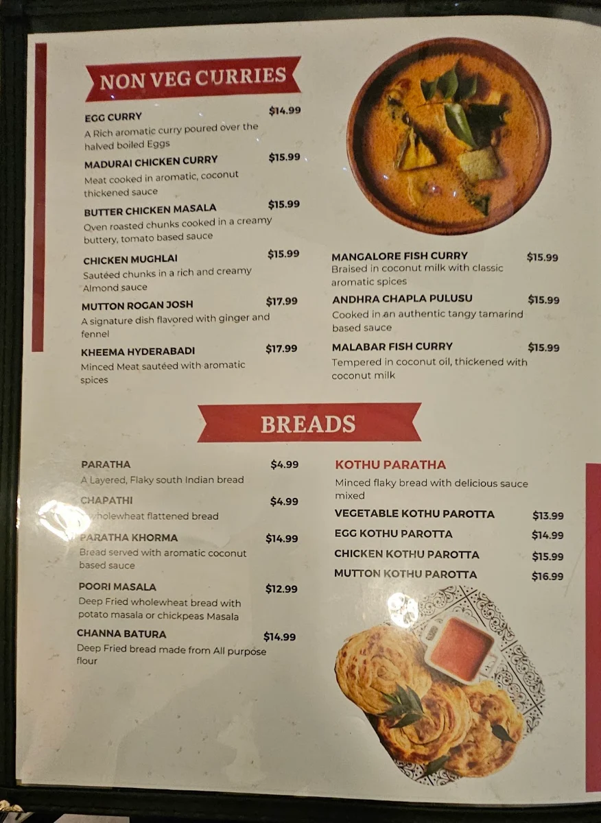 Menu, Madras Cafe