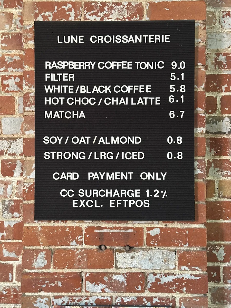 Menu, Lune Croissanterie Fitzroy