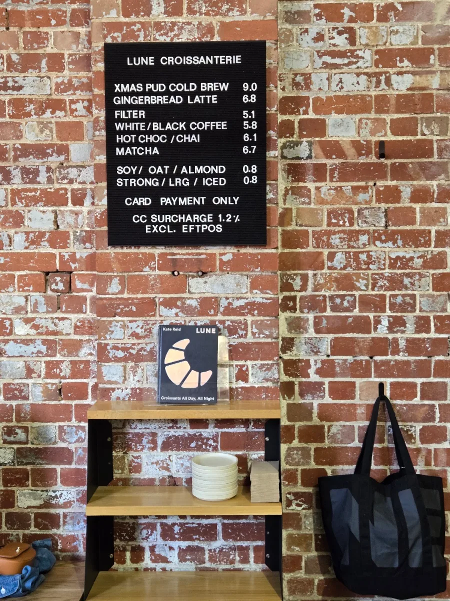 Menu, Lune Croissanterie Fitzroy