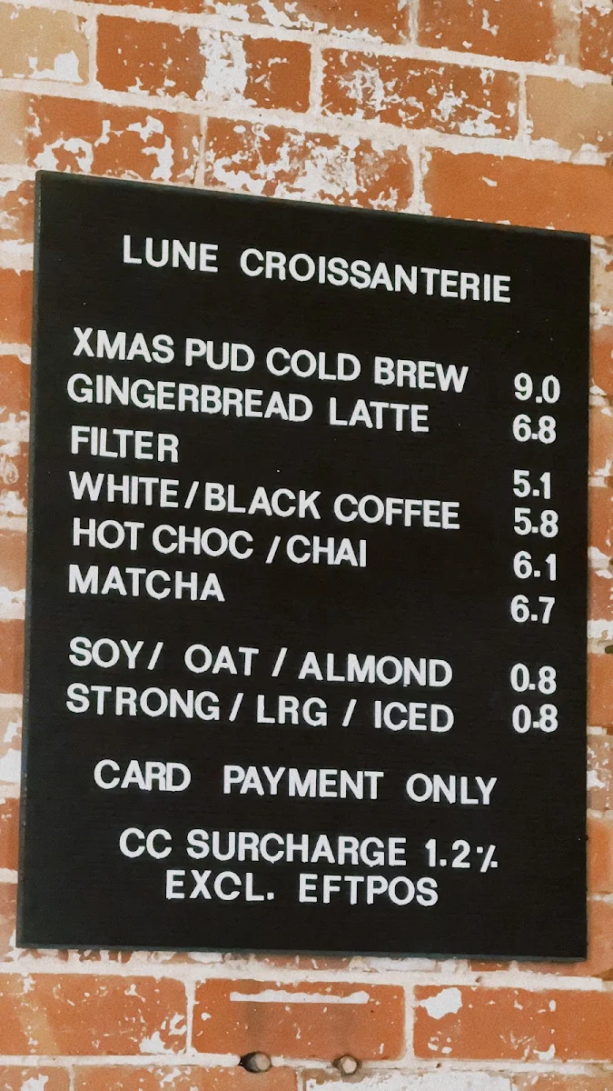 Menu, Lune Croissanterie Fitzroy