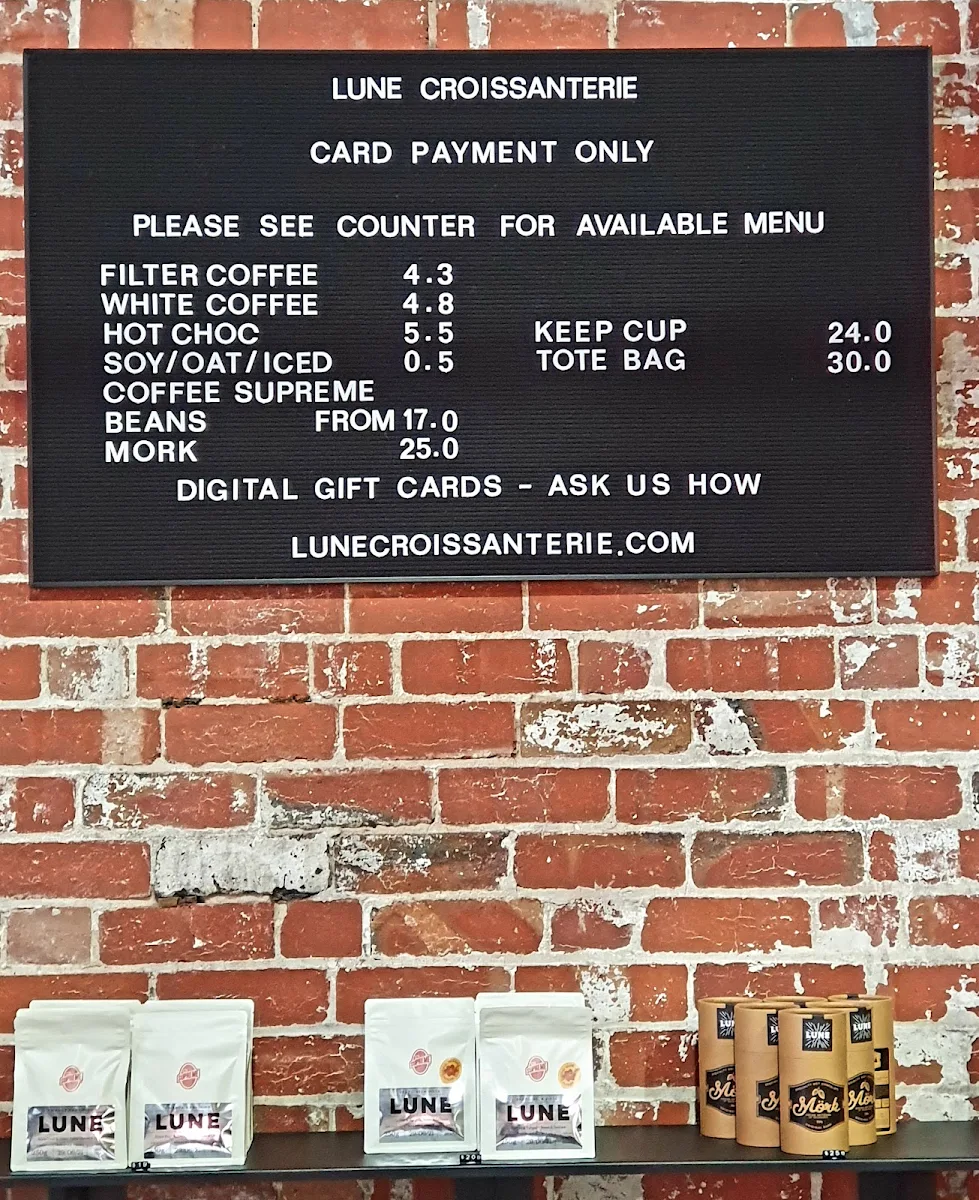 Menu, Lune Croissanterie Fitzroy
