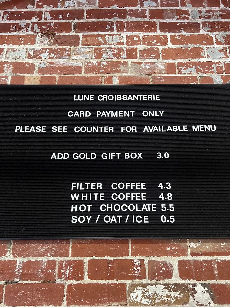 Menu, Lune Croissanterie Fitzroy