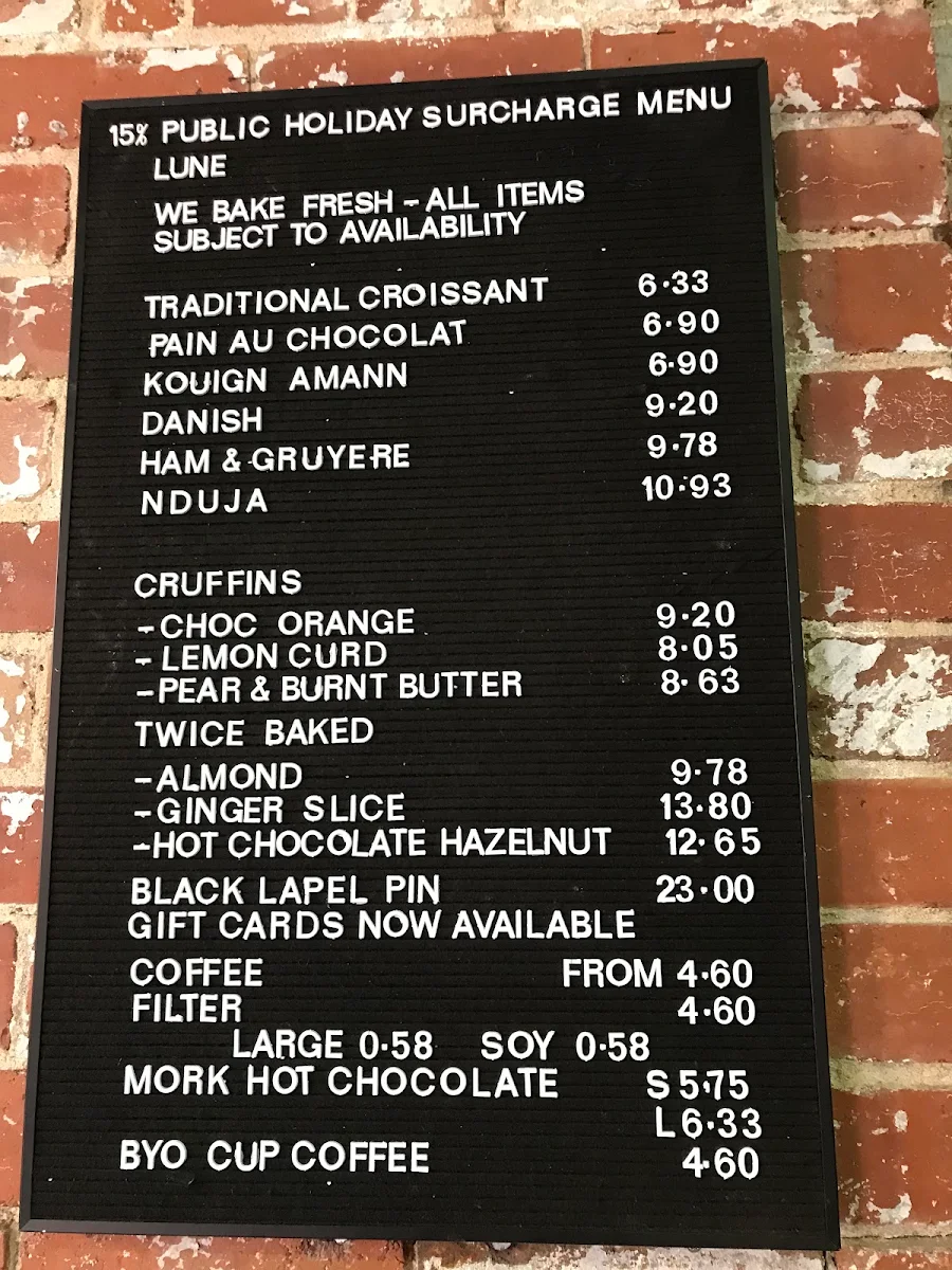 Menu, Lune Croissanterie Fitzroy