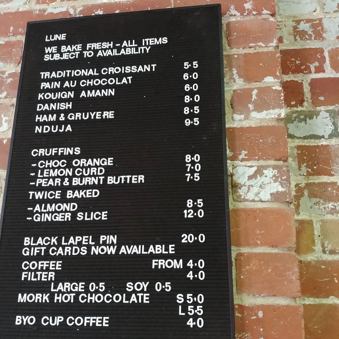 Menu, Lune Croissanterie Fitzroy