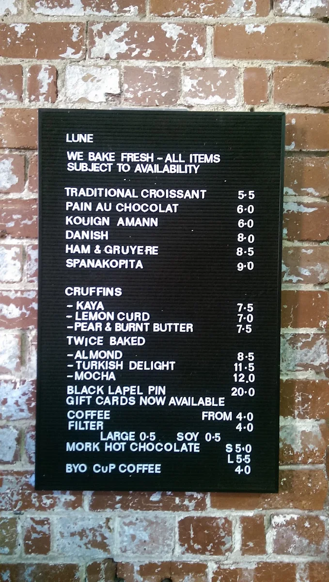 Menu, Lune Croissanterie Fitzroy