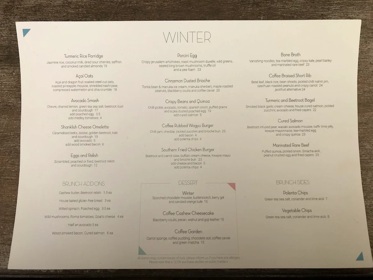 Menu, Lune Croissanterie Fitzroy