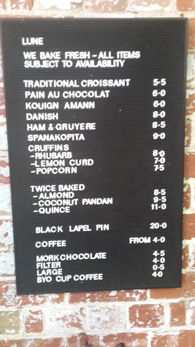 Menu, Lune Croissanterie Fitzroy