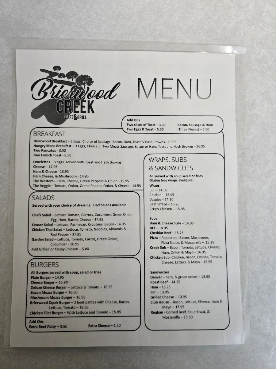 Menu, Brierwood Creek Cafe