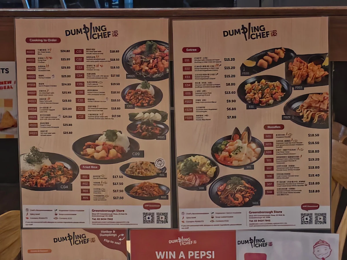 Menu, Dumpling Chef Greensborough Level 3