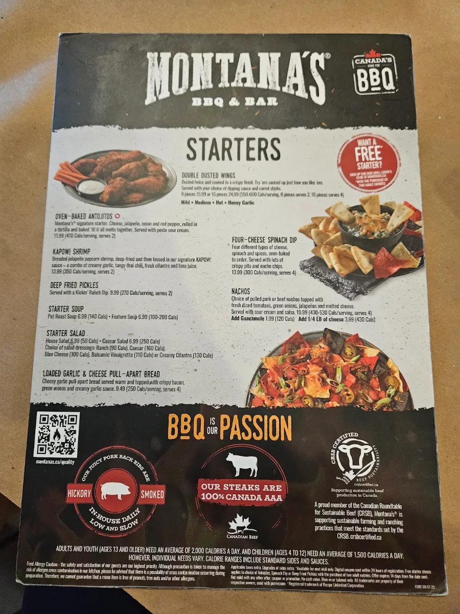 Menu, Montana’s BBQ & Bar