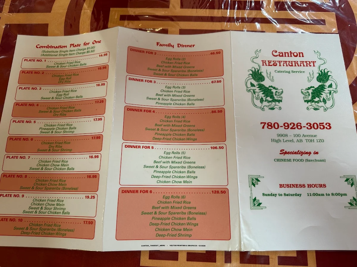 Menu, Canton Chinese & Western Restaurant