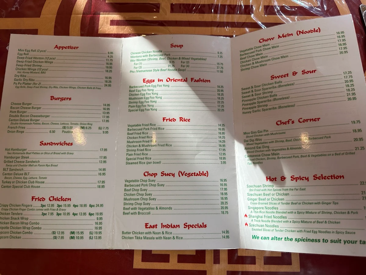 Menu, Canton Chinese & Western Restaurant