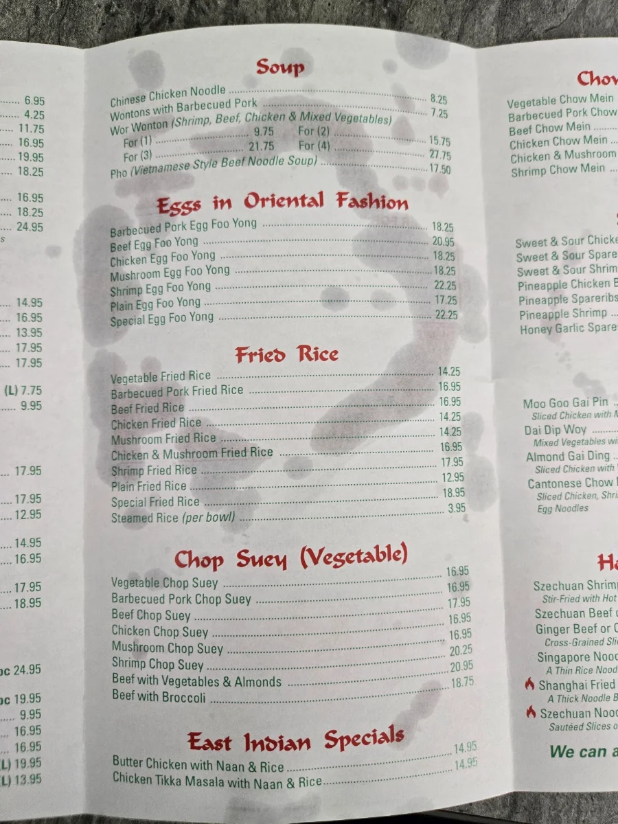 Menu, Canton Chinese & Western Restaurant