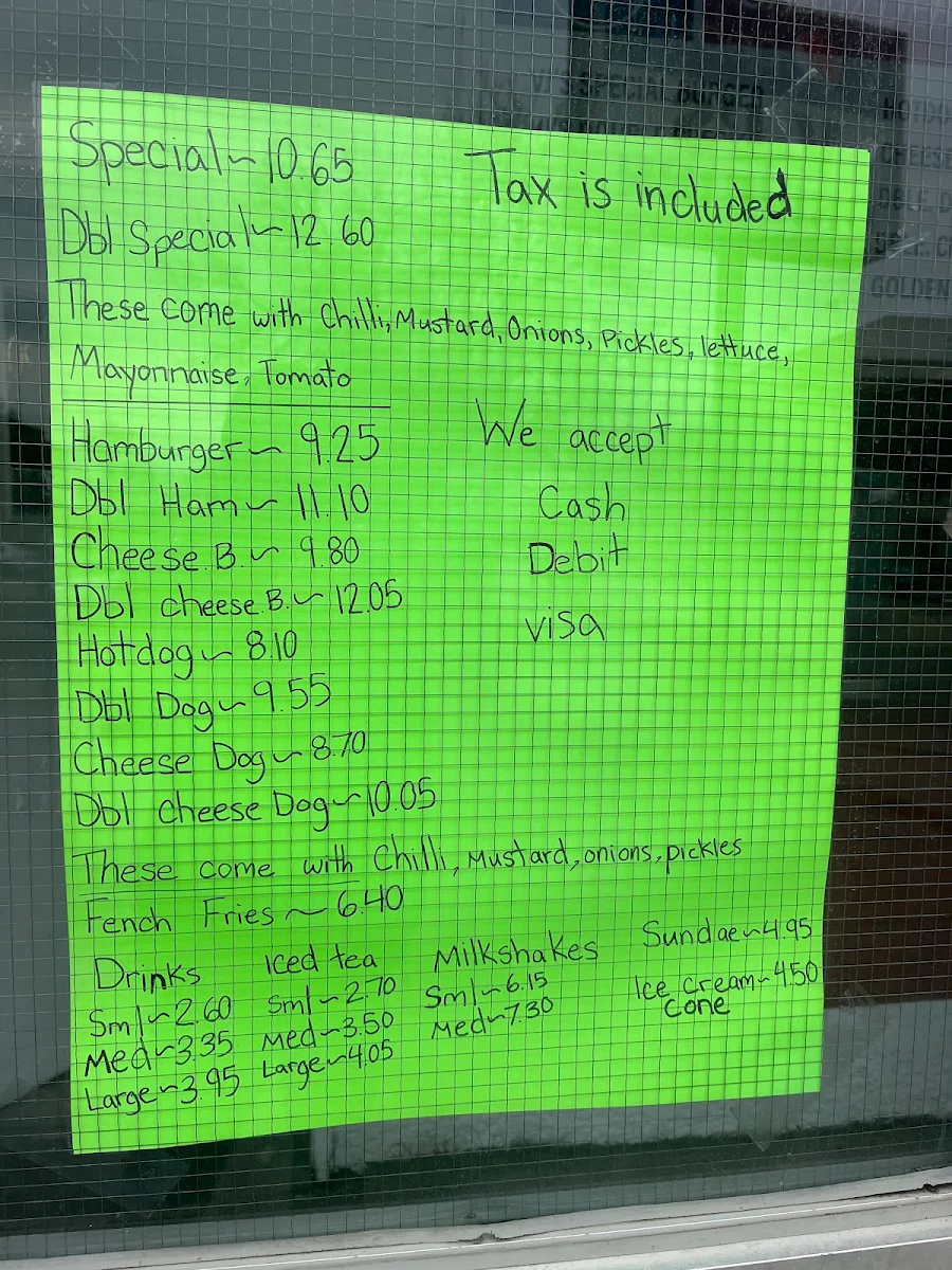 Menu, VJ's Drive Inn