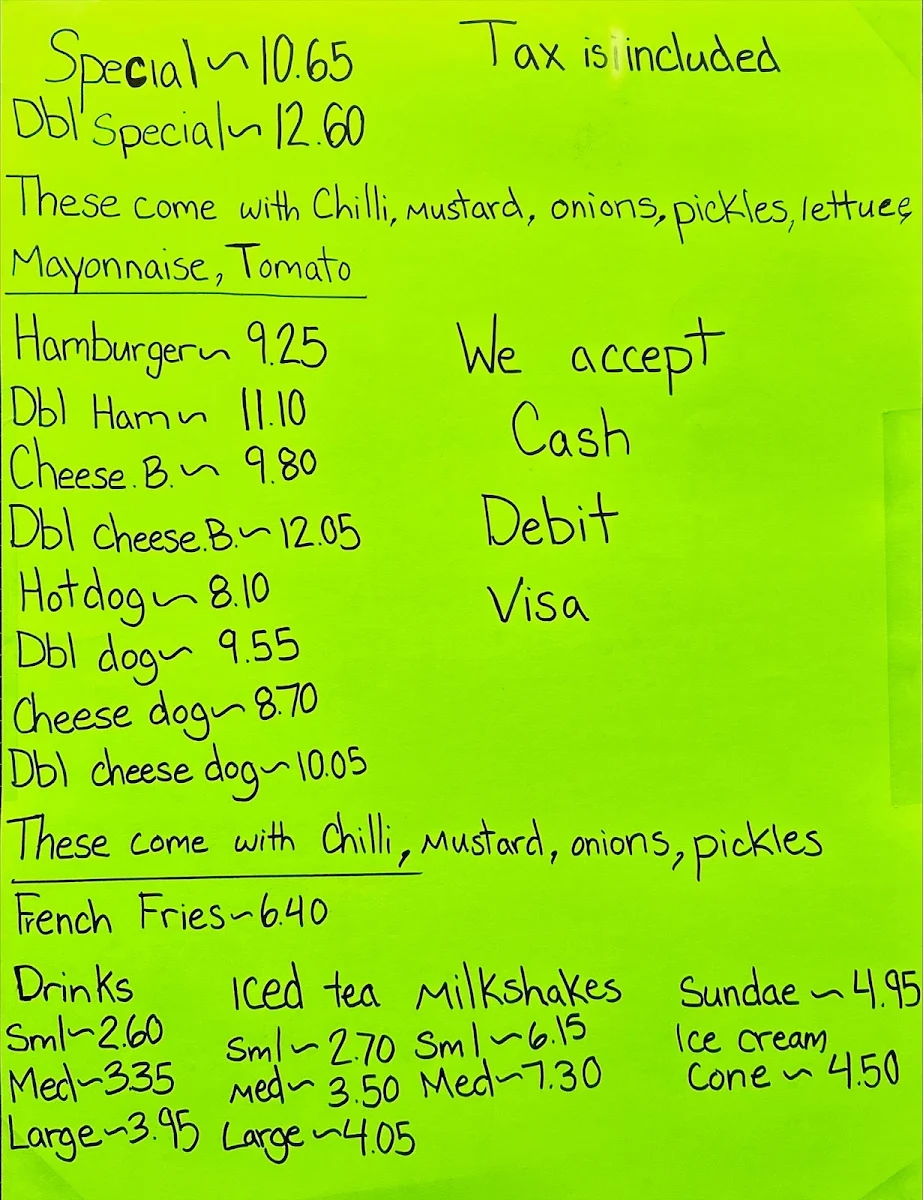 Menu, VJ's Drive Inn