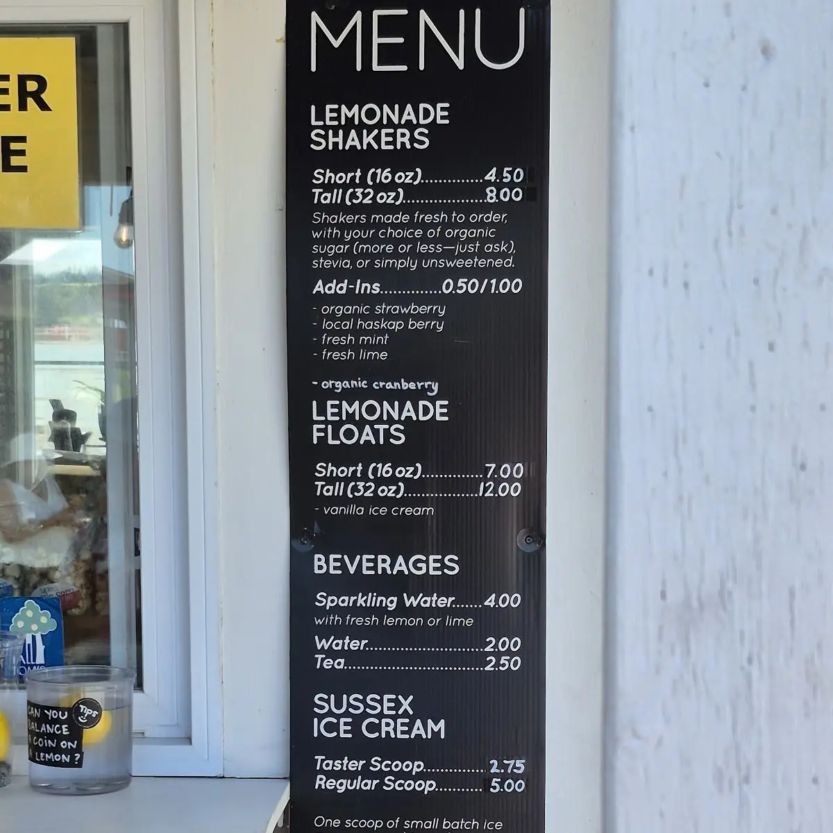 Menu, Tall Tom's Lemonade & Ice Cream