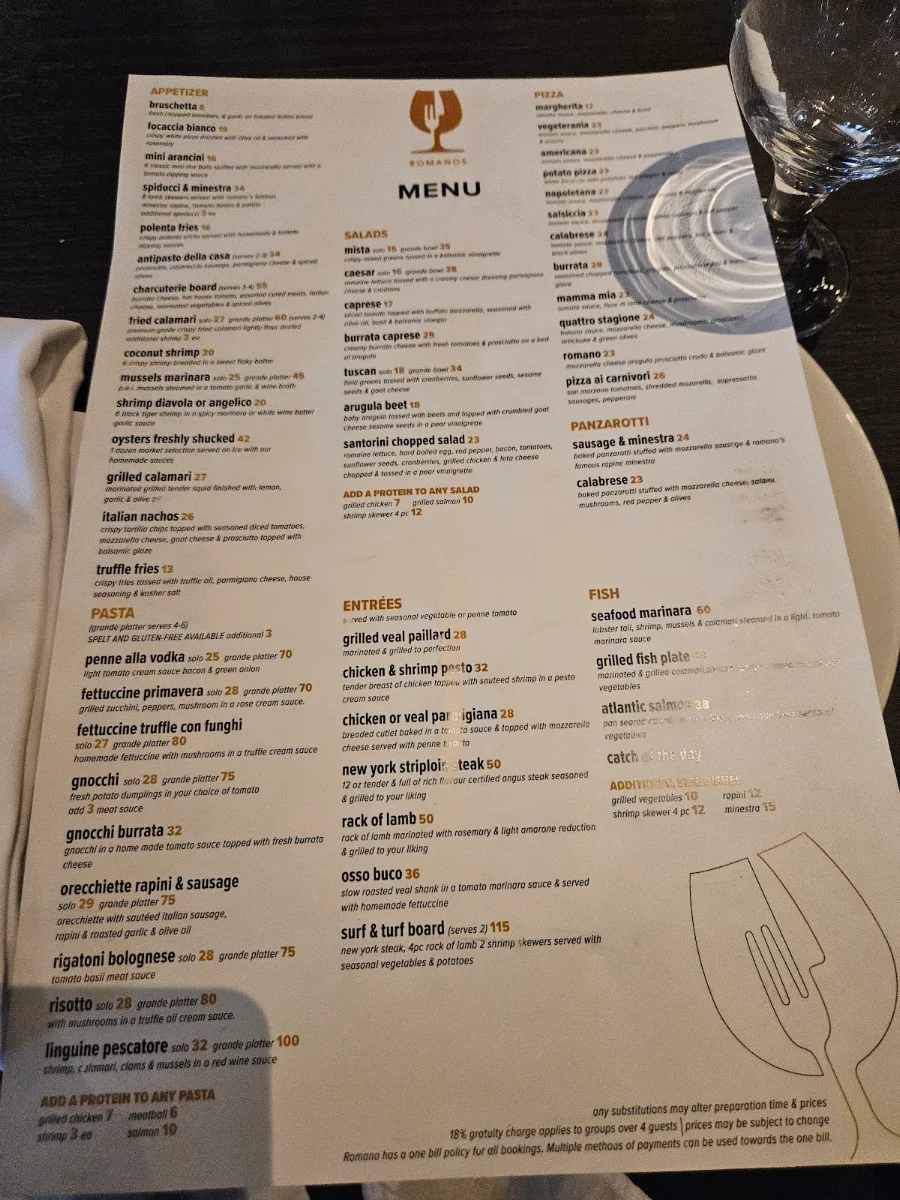 Menu, Romano's Restaurant