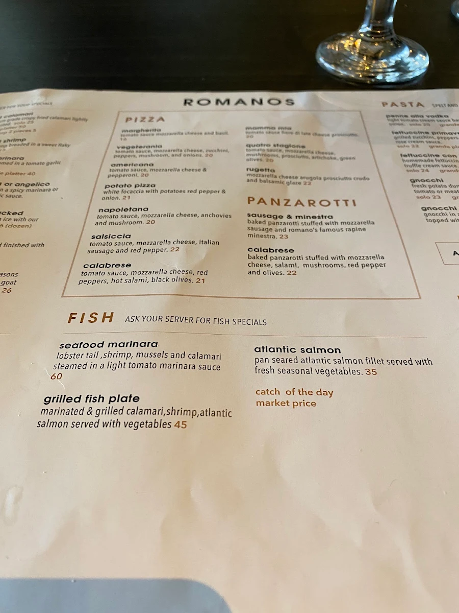Menu, Romano's Restaurant