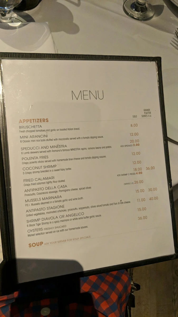 Menu, Romano's Restaurant