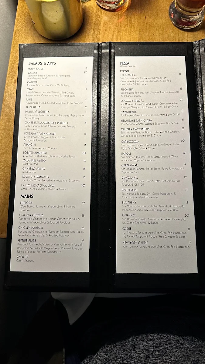 Menu, The Craft Pizza Bar & Italian Kitchen Inc