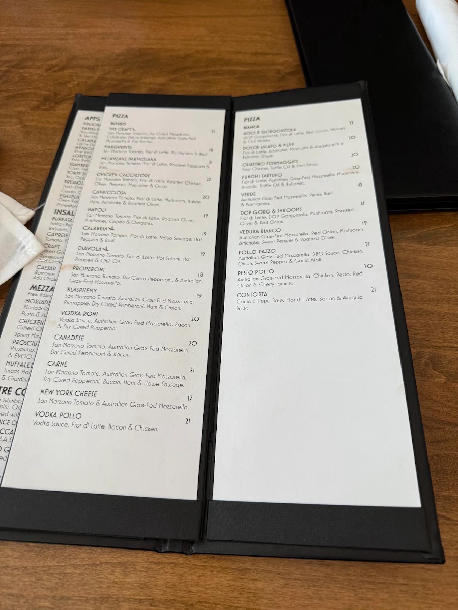 Menu, The Craft Pizza Bar & Italian Kitchen Inc