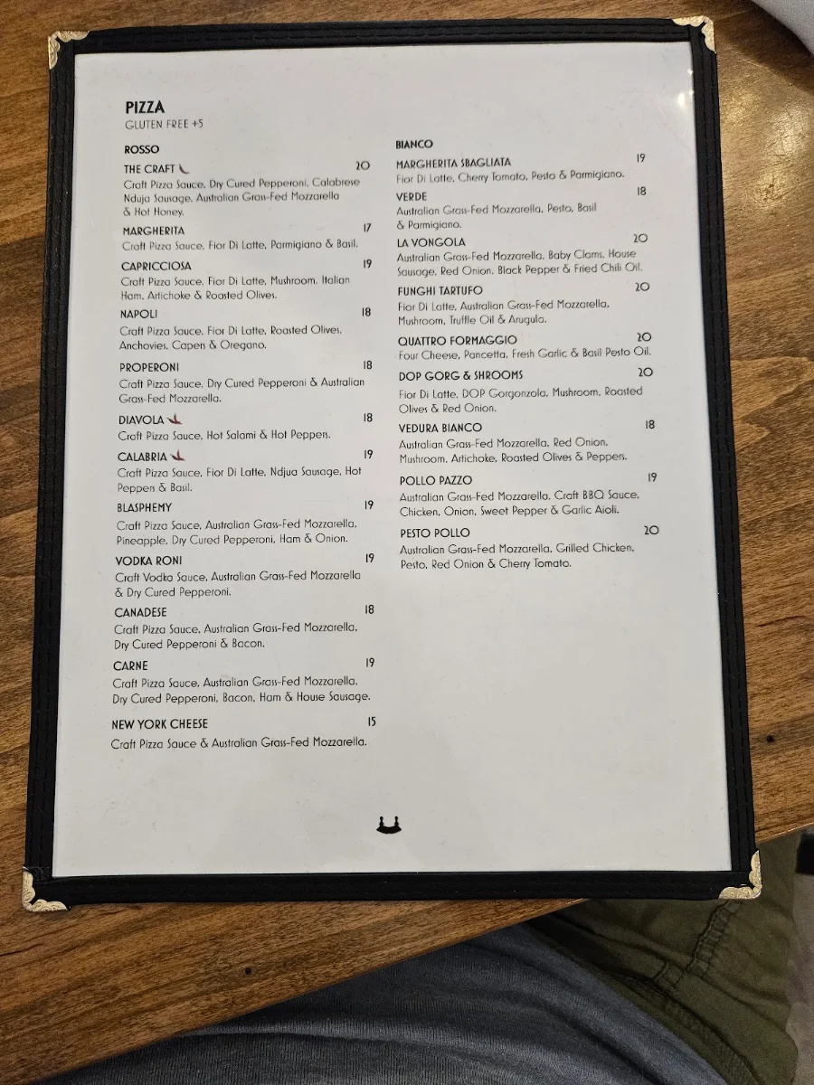 Menu, The Craft Pizza Bar & Italian Kitchen Inc