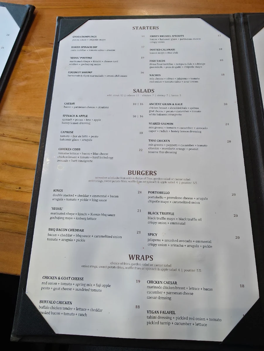 Menu, The King's Landing Bar & Grill