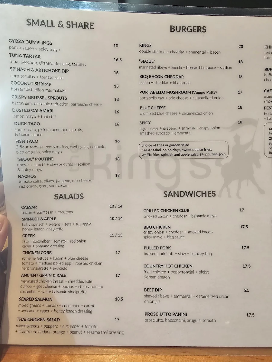 Menu, The King's Landing Bar & Grill