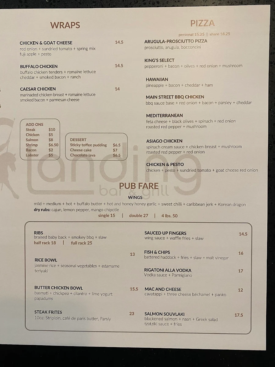 Menu, The King's Landing Bar & Grill