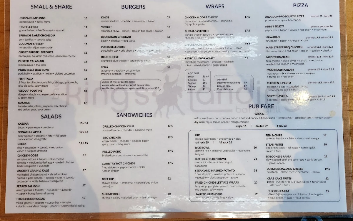 Menu, The King's Landing Bar & Grill