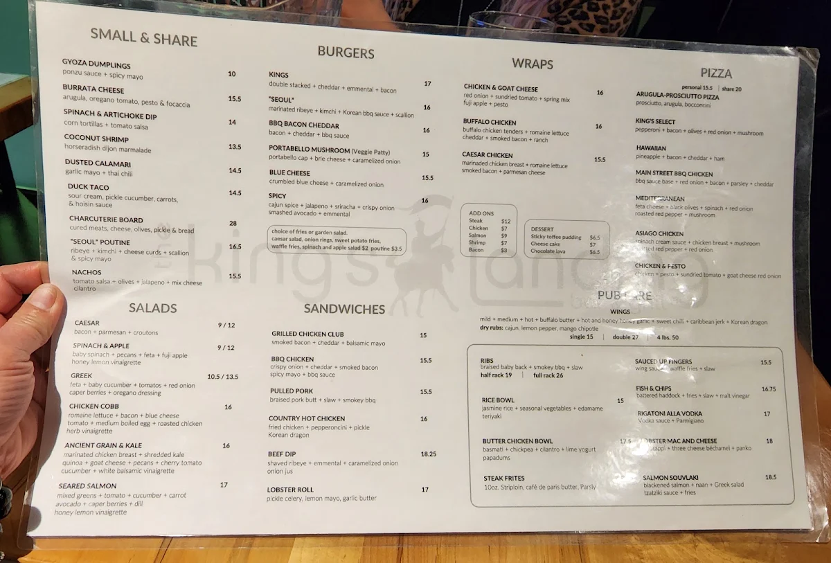 Menu, The King's Landing Bar & Grill