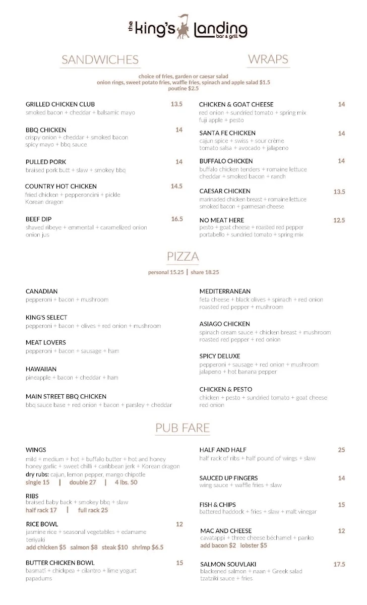 Menu, The King's Landing Bar & Grill