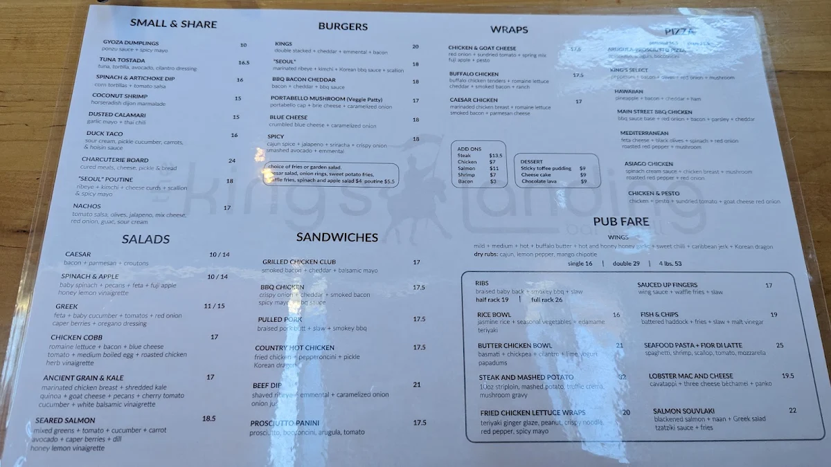 Menu, The King's Landing Bar & Grill