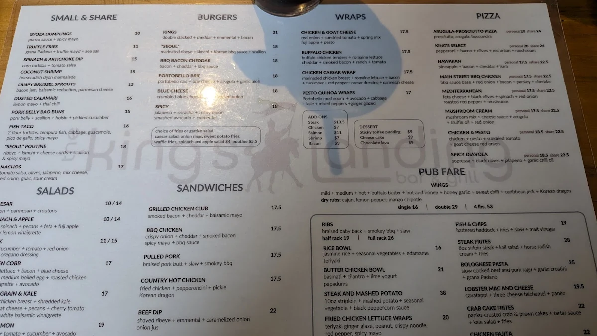 Menu, The King's Landing Bar & Grill