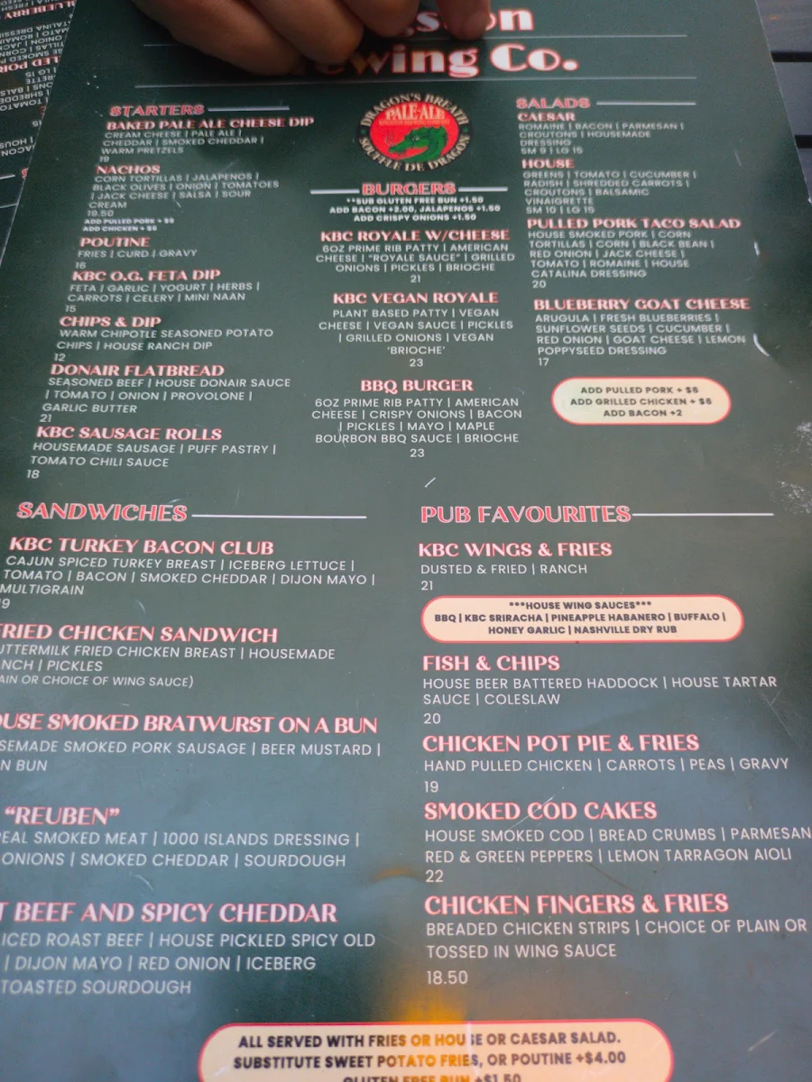 Menu, The Kingston Brewing Company