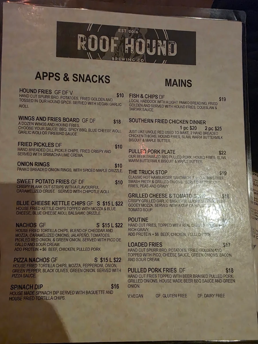 Menu, Roof Hound Brewing Co.