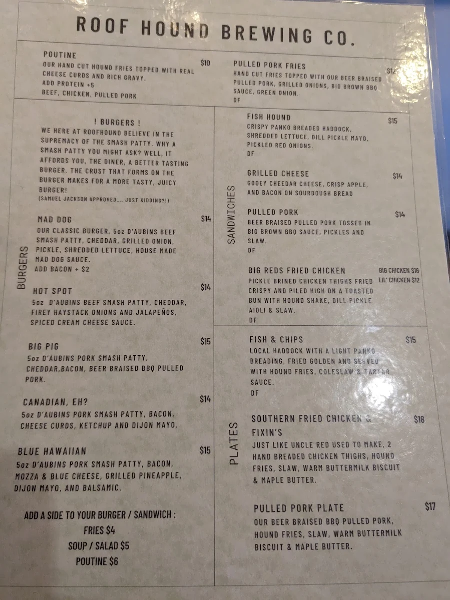 Menu, Roof Hound Brewing Co.