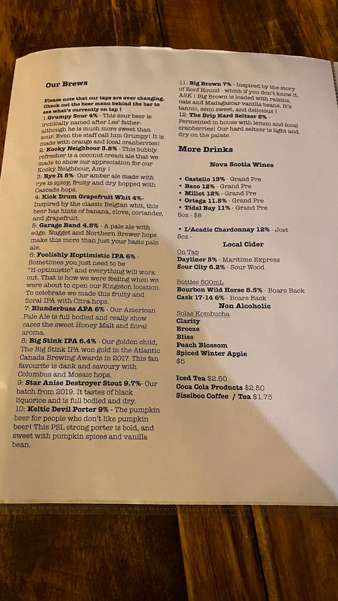 Menu, Roof Hound Brewing Co.