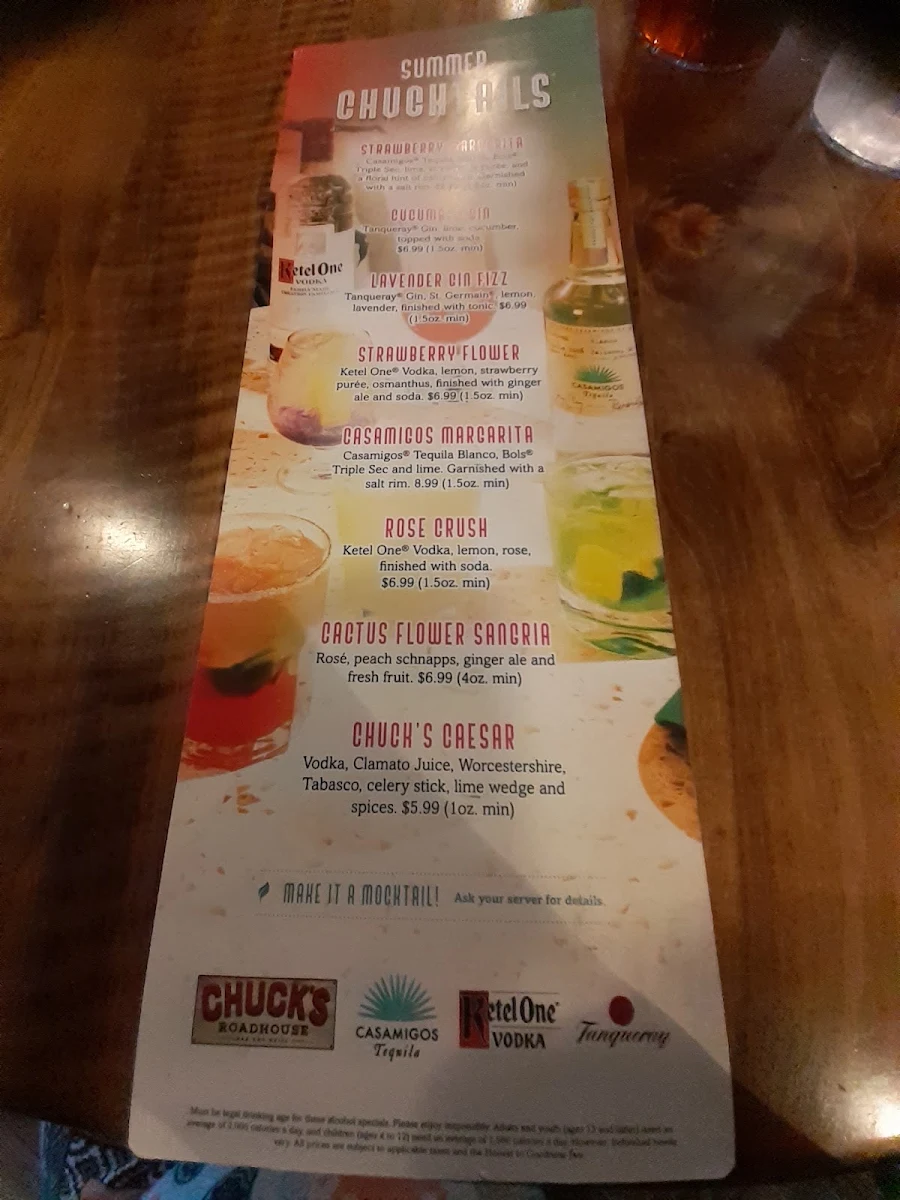 Menu, Chuck's Roadhouse Bar and Grill