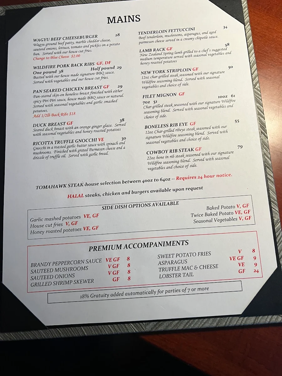 Menu, Wildfire Steakhouse Oshawa