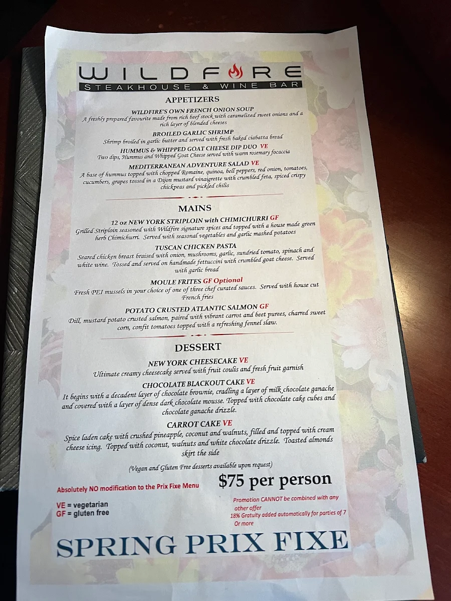 Menu, Wildfire Steakhouse Oshawa