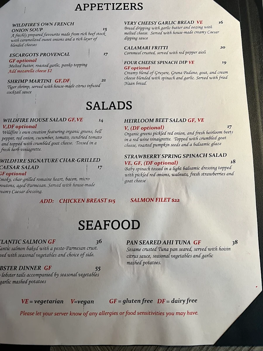 Menu, Wildfire Steakhouse Oshawa