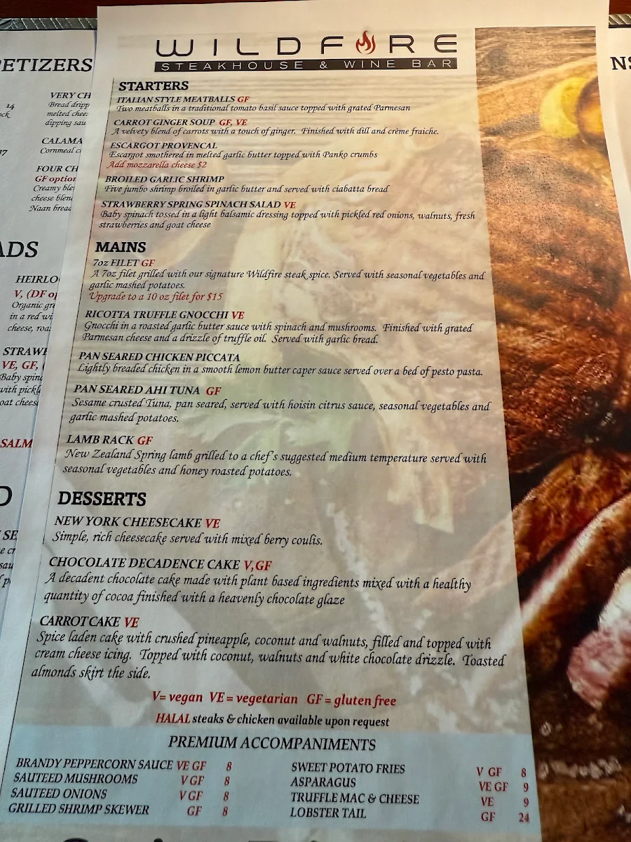 Menu, Wildfire Steakhouse Oshawa