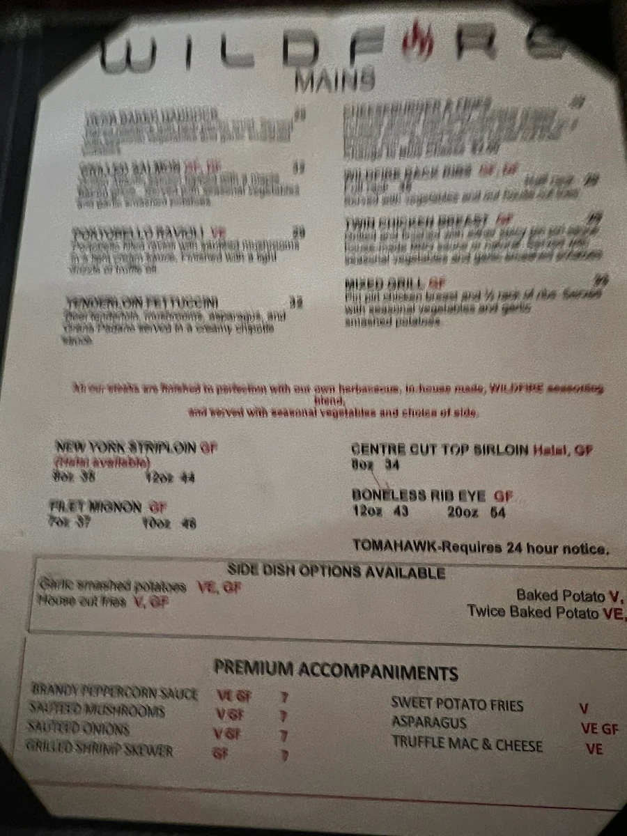 Menu, Wildfire Steakhouse Oshawa