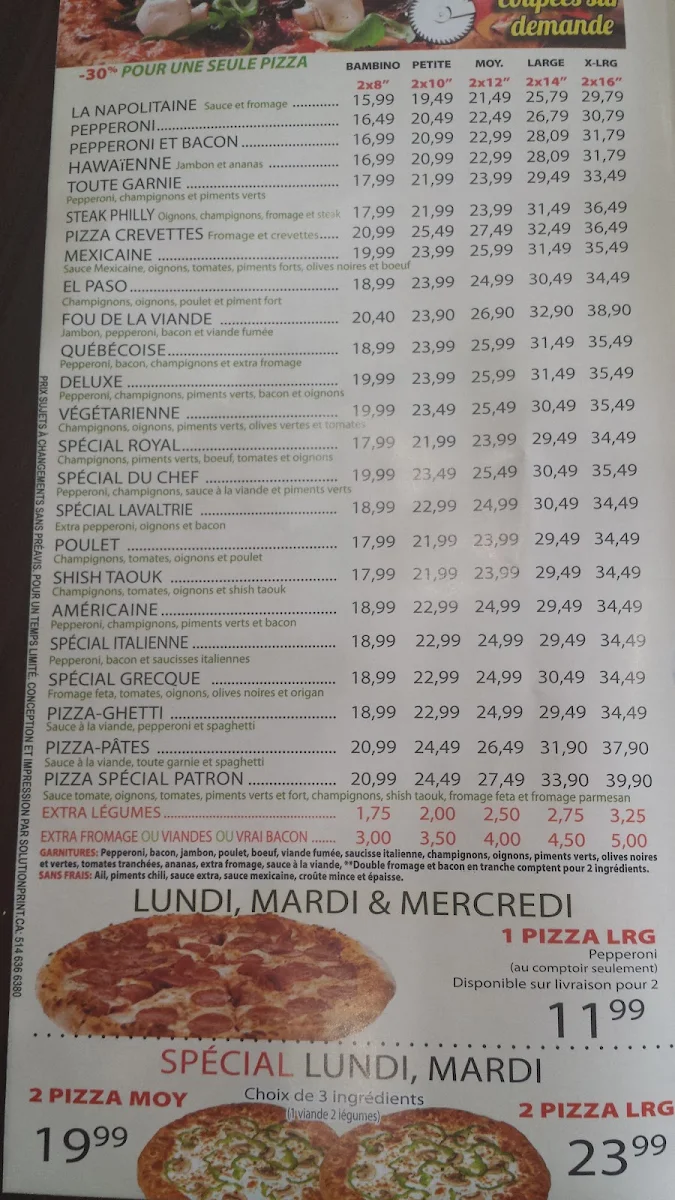 Menu, Royal Pizzeria