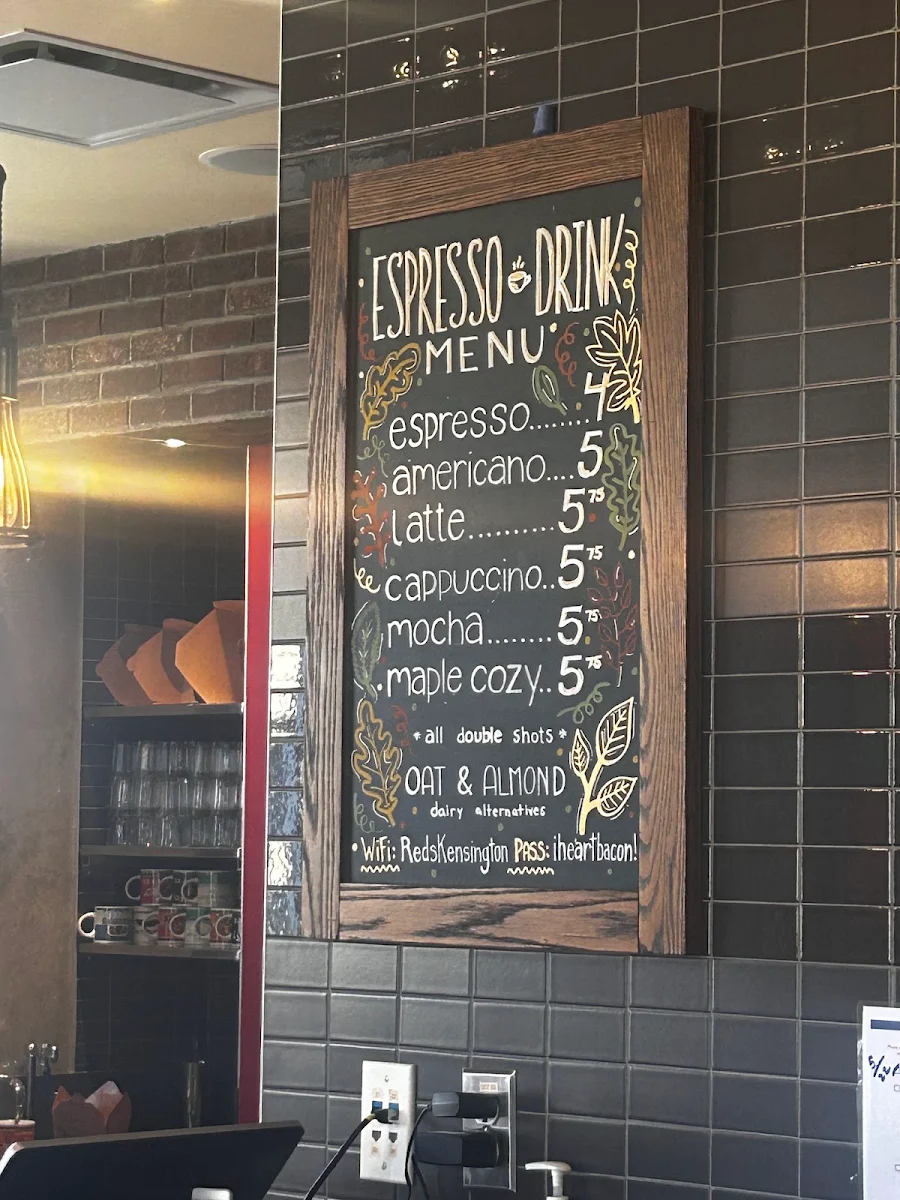Menu, Red's Diner in Kensington
