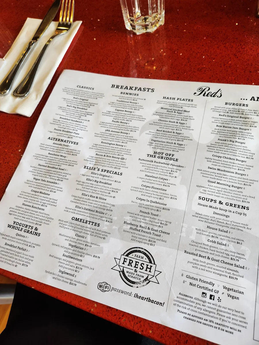 Menu, Red's Diner in Kensington